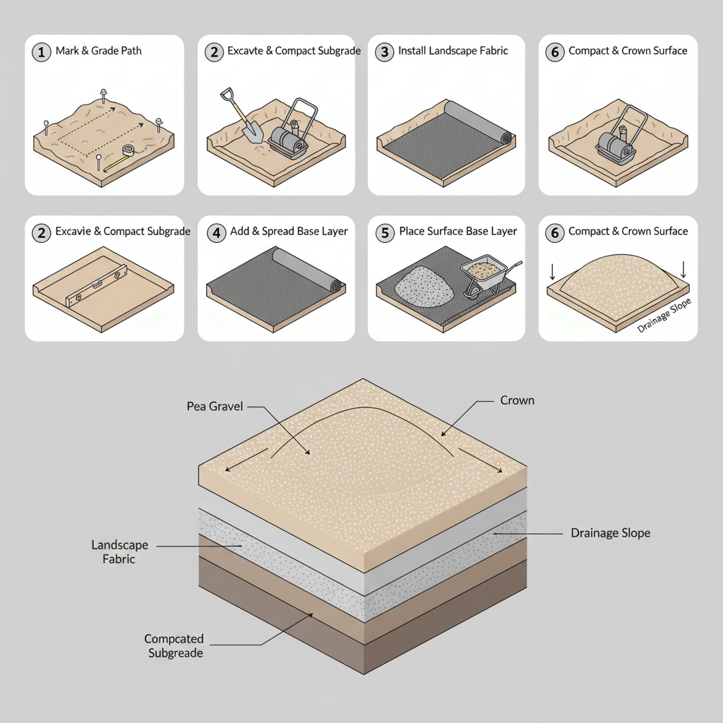Gravel Path Materials: Walkway Stone Size, Depth & Tons installation diagram